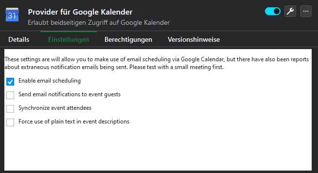 Thunderbird Addon Settings für Provider for Google Calendar