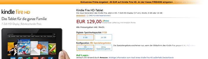 Amazon Prime - 50 Euro sparen beim Kindle Fire HD kauf Bild