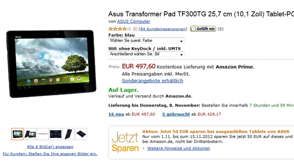 50 Euro Sofortrabatt auf  Asus Transformer Modelle Bild